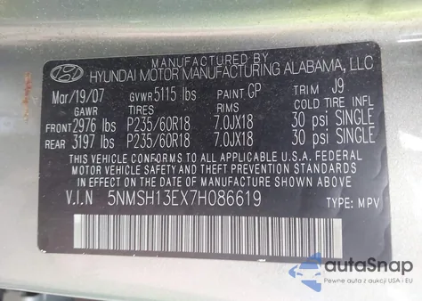 2007 Hyundai Santa Fe Limited/Se z USA, uszkodzony, nr VIN 5NMSH13EX7H086619